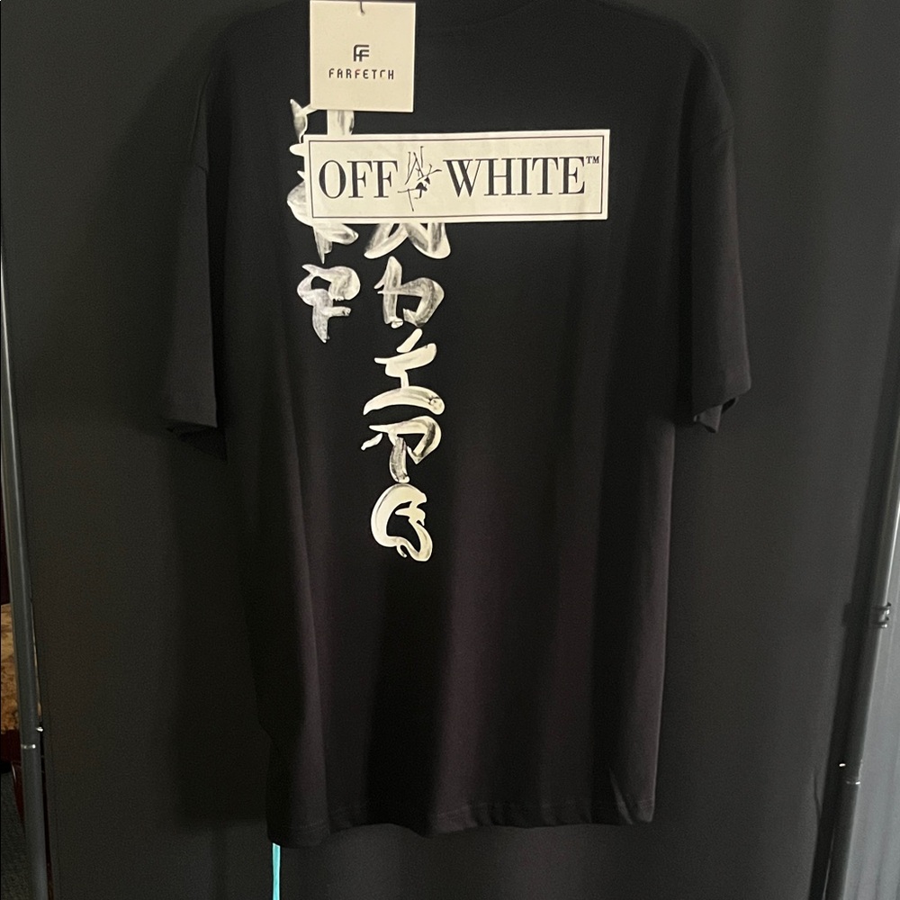 Off-White Black T-Shirt with White Vertical Graphic and Logo Patch